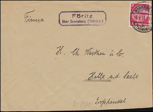 Landpost-Stempel Föritz über SONNEBERG (THÜRINGEN) 16.8.33 Brief n. Halle/Saale