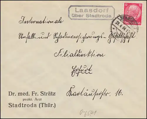 Landpost-Stempel Laasdorf über STADTRODA LAND 21.4.1934 auf Brief nach Erfurt