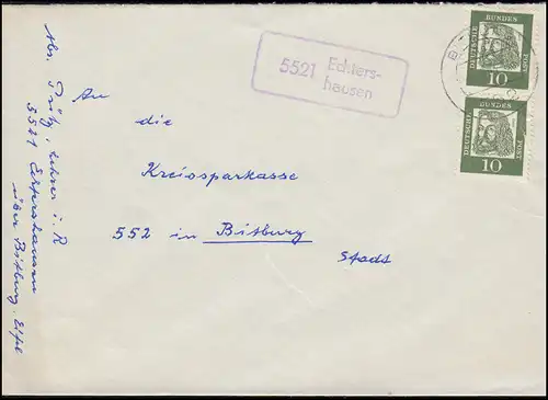 Temple de la poste de campagne 5521 Echtershausen sur lettre BITBURG 5.3.1963