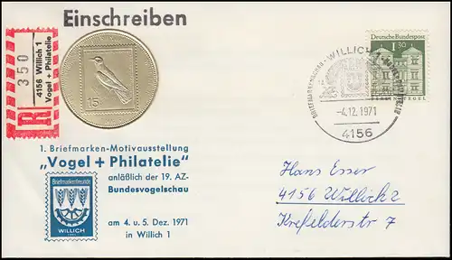 Sonder-R-Zettel Vogel+Philatelie auf passendem Brief mit SSt WILLICH 4.12.1971