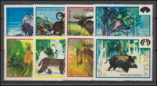 Pologne 2247-2254 Animaux sauvages 1972, 8 valeurs complètes, phrase **