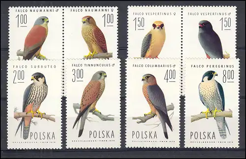 Pologne 2354-2361 Oiseaux: Faucons 1974, 8 valeurs complètes, ensemble **