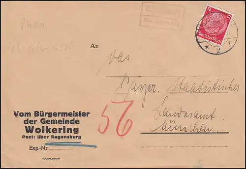 Landpost-Stempel Wolkering über REGENSBURG 2 (LAND) 13.10.1936 auf Brief