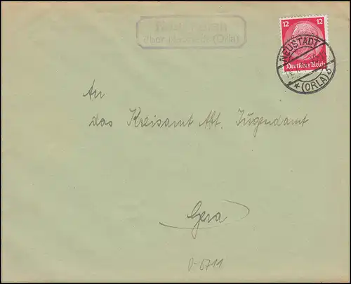 Temple de la poste de Landpost Neunhofen sur NOUVEAUTADT (ORLA) 14.7.1934 sur lettre à Gera