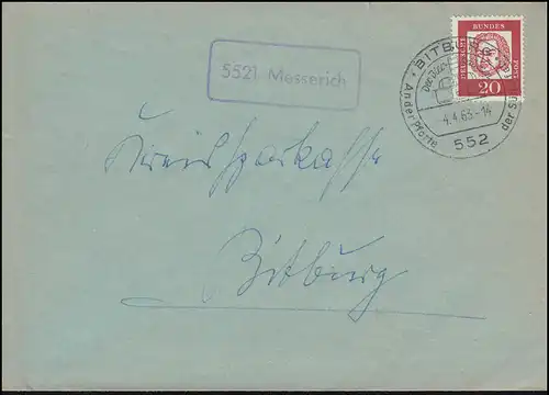 Landpost-Stempel 5521 Messerich auf Brief SSt BITBURG Der Bier-Brunnen 4.4.1963