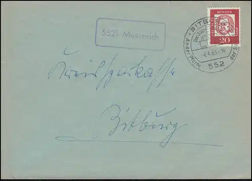 Temple de la poste agricole 5521 Messerich sur lettre SSt BITBURG La fontaine de bière 4.4.1963