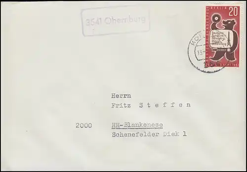 Landpost-Stempel 3541 Obernburg auf Brief mit Berlin-Frankatur KORBACH 13.1.1963