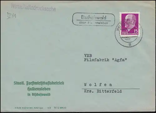 Landpost-Stempel Bischofswald über HALDENSLEBEN 26.3.1963 Wirtschaftsdrucksache