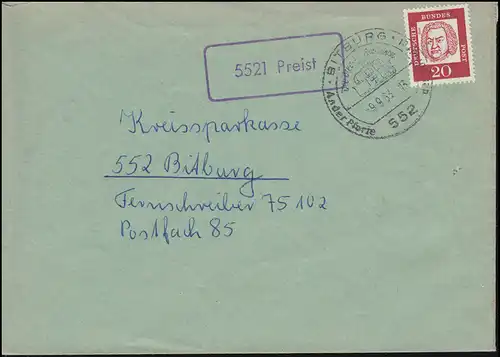 Landpost-Stempel 5521 Preist auf Brief SSt BITBURG Der Bier-Brunnen 9.9.1963