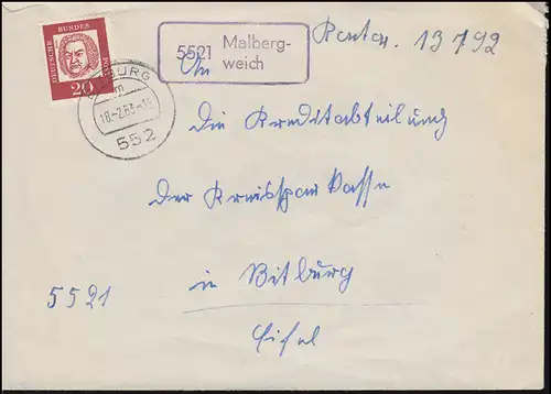 Temple de la poste de campagne 5521 Malbergsweich sur lettre BITBURG 18.2.1963