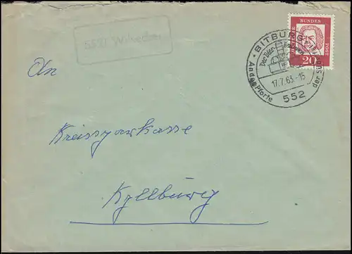 Landpost-Stempel 5521 Wilsecker auf Brief SSt BITBURG Der Bier-Brunnen 17.7.1963