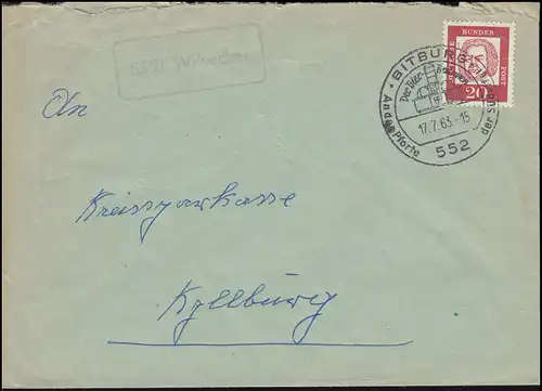 Temple de la poste agricole 5521 Wilsecker sur lettre SSt BITBURG La fontaine de bière 17.7.1963