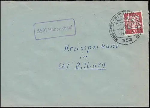 Landpost-Stempel 5521 Hüttenscheid auf Brief SSt BITBURG Der Bier-Brunnen 1.7.63