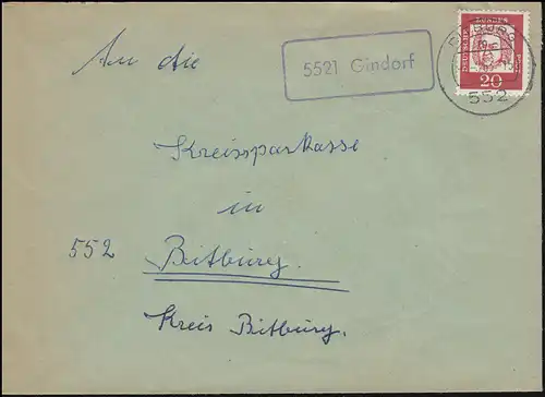Landpost-Stempel 5521 Gindorf auf Brief BITBURG 2.8.1963