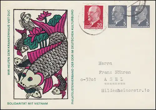 Carte postale privée PP 11/38a Ulbricht 5+5 Vietnam: Carpe, délai supplémentaire 4.6.72