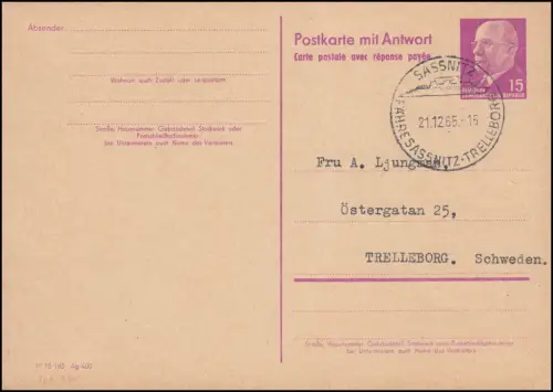 DDR P 74 Question Postier FÄHRE SASSNITZ 21.12.1965 / Réponse non utilisée