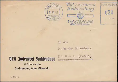 AFS VEB Zwirnei Sachsenburg 21.10.1963 Lettre à la Deutsche Notenbank Floha