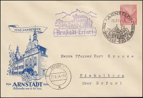 PU 12 Plan quinquennal Postkochenpost Arnstadt-Erfurt passe. SSt ARNSTADT 20.6.1954