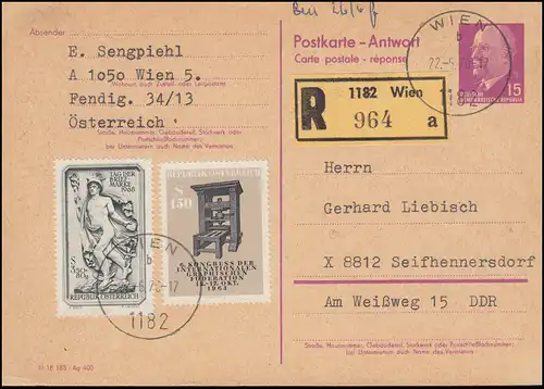 DDR P 74A Ulbricht mit österr. Zusatzfr. R-PK WIEN 22.5.70 nach Seifhennersdorf