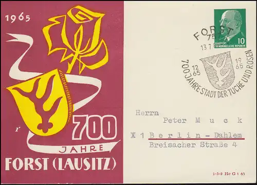 Privatpostkarte PP 8/41 Ulbricht 700 Jahre Forst (Lausitz), SSt FORST 13.7.65