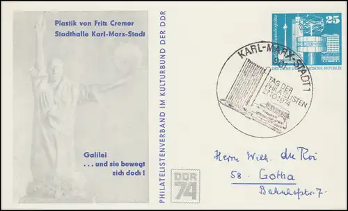 Privatpostkarte PP 16/6 Frietz Cremer Galilei 1974, SSt KARL-MARX-STADT 27.10.74