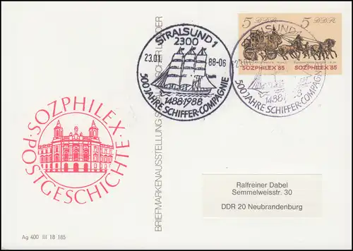 Carte postale privée P 93 SOZPHILEX 1983, SST STRALSUND Schiffer-Compagnie 23.01.1988