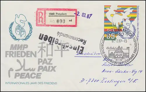 DDR Umschlag U 5 Jahr des Friedens 1986, R-Brief passender SSt POTSDAM 17.2.87