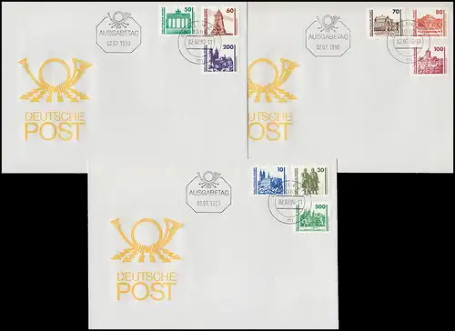 3344-3352 Bauwerke und Denkmäler 1990, 9 Werte, Satz auf FDC 1, FDC 2 und FDC 3 