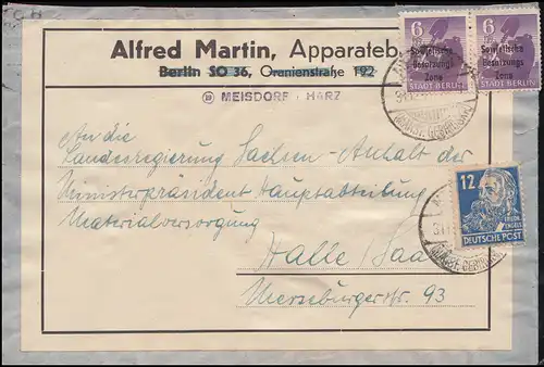 201A SBZ-Aufdruck mit 216 Engels MiF Bf.  MEISDORF (MANSF. GEBIRGSKR.) 31.12.49