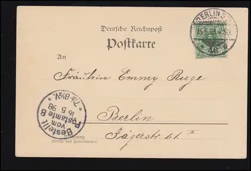 AK Evchen (Mlle Hiedler) Gris de ... BERLIN 15.5.1898 comme carte postale locale