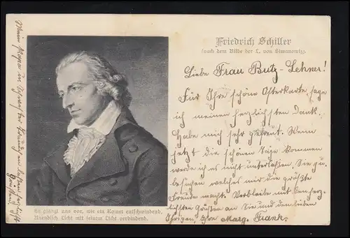 AK Ludovice Simanowiz: Friedrich von Schiller, CÖLN 26.4.1905 vers FRANKFURT/M.