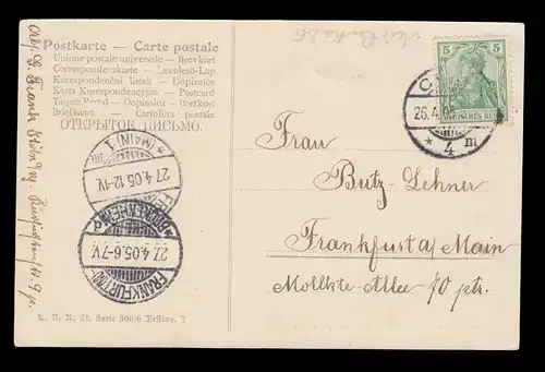 AK Ludovike Simanowiz: Friedrich von Schiller, CÖLN 26.4.1905 nach FRANKFURT/M.