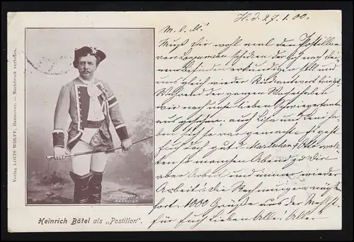 AK Heinrich Bötel als Postillion, HANNOVER 1 ee 28.1.1900 nach HANNOVER-LINDEN