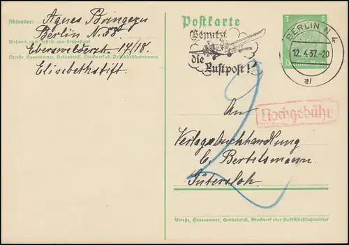 Postkarte P 225 BERLIN N4 al 12.4.37 an Bertelsmann in Gütersloh / Nachgebühr-O