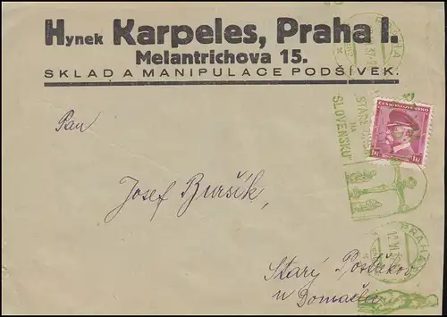 Tampon publicitaire Art ancien de la Slovaquie PRAHA / PRAG 12.6.1937 sur lettre de 350