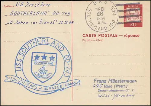 Poste de guerre destructeur USS SOUTHERLAND DD-743, carte postale 28.12.64