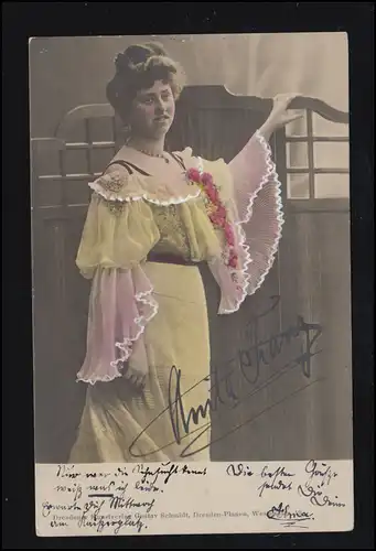 Mode-AK Frau im rosa-grünen Kleid, Dresdner Kunstverlag Gustav Schmidt, 15.5.05