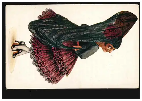 AK Volkstrachten: Spanische Tänzerin, rückseitig mit Werbung