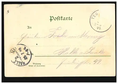 AK Folkschauden: Fille du Tegernsee, Tampon d'arrivée HALLE/SAALE 25.7.1899