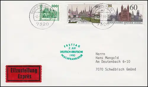 Ersttag Deutsch-Deutsche Mischfrankatur Eil-Brief mit 3352 GÖPPINGEN 2.7.90