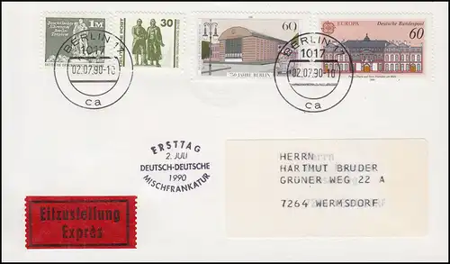 Ersttag 2. Juli Deutsch-Deutsche Mischfrankatur Eil-Brief mit 3345 BERLIN 2.7.90