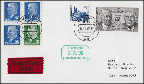 Letzter Tag Kursgültigkeit DDR Eil-Brief BERLIN  2.10.1990 mit Ulbricht-Marken