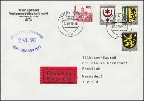 Première armoire mixte DDR - Deutsche Post comme lettre d'urgence BERLIN 17 - 2.7.1990