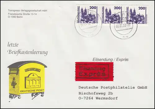 Letzte Briefkastenleerung Schmuck-Brief mit 3351 Eil-Brief BERLIN BPA 2.1.1992