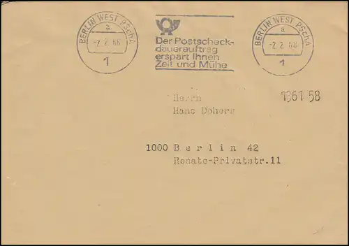 Affaire postale AFS BERLIN WEST PSCHA chèque postal permanent 2.2.1968 sur lettre locale