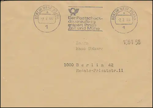 Postsache AFS BERLIN WEST PSCHA Postscheckdaueraufdrag 2.2.1968 auf Ortsbrief