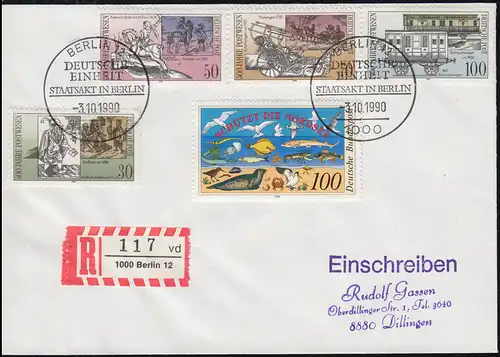 Sonderstempel BERLIN 3.10.1990 DEUTSCHE EINHEIT STAATSAKT IN BERLIN auf R-Brief