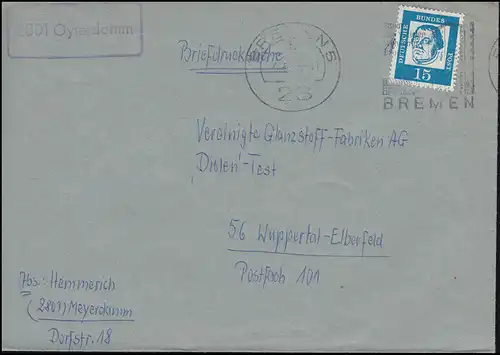 Landpost-Stempel 2801 Oyterdamm auf Briefdrucksache BREMEN 5 - 4.3.1963 