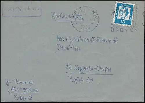 Landpost-Stempel 2801 Oyterdamm auf Briefdrucksache BREMEN 5 - 4.3.1963