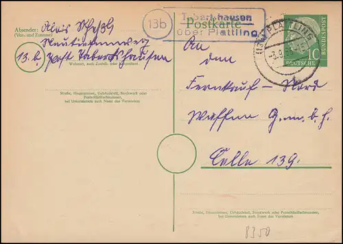 Landpost-Stempel Tabertshausen über PLATTLING 3.9.1956 auf Postkarte